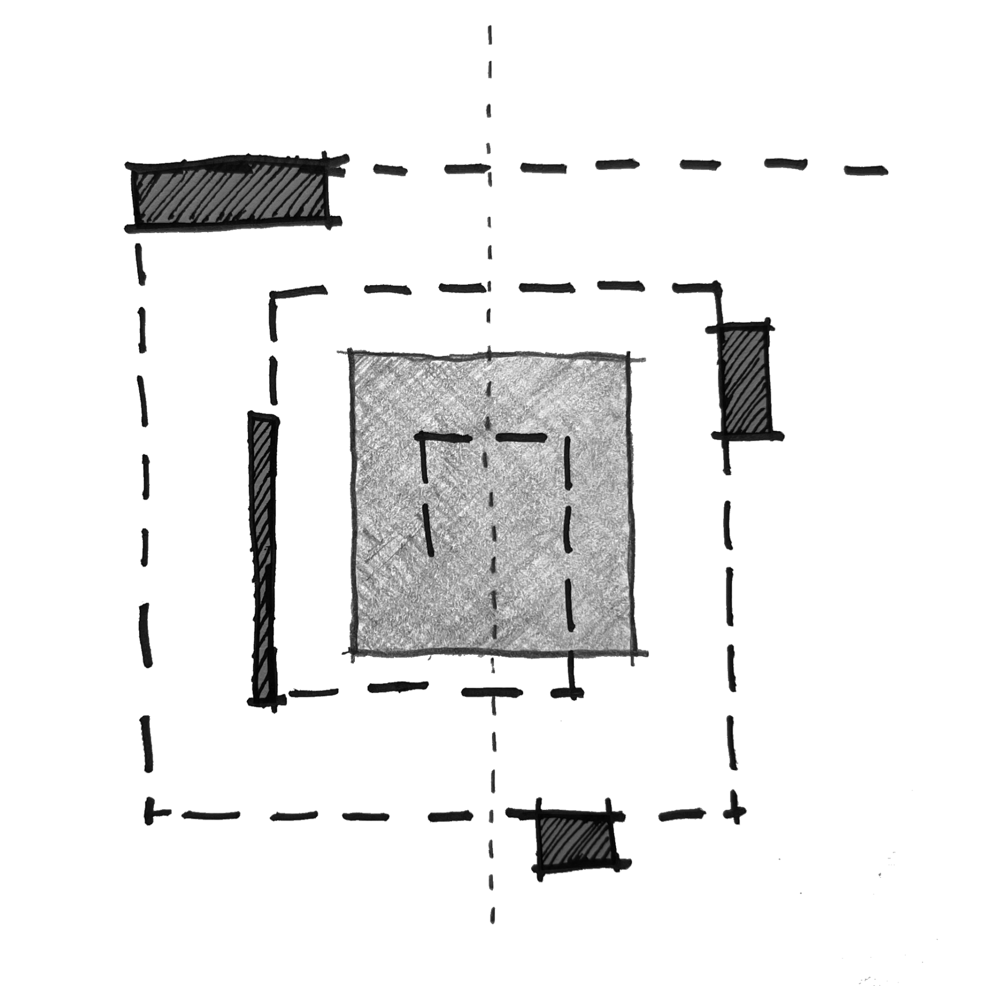 Diagram showing a square building footprint with dashed lines indicating circulation paths and surrounding site context